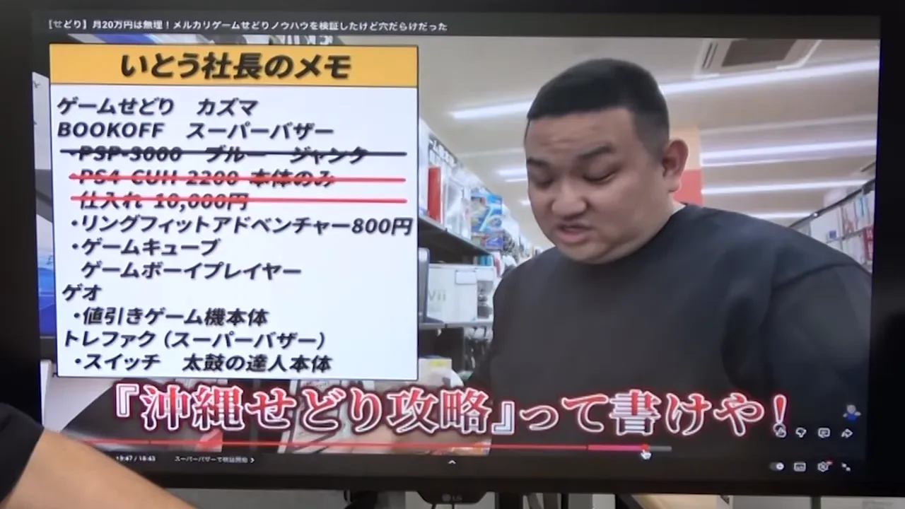 テレビ画面に表示された「いとう社長のメモ」と店内で話す人物のクローズアップ